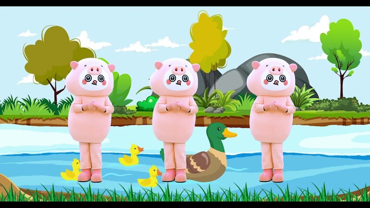 밀양아리랑 교육 영상 속 돼지 캐릭터 셋이 연못가에서 율동하는 장면